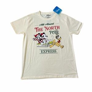 Disney Mickey Minnie Pluto North Pole Express Cream T-shirt Unisex Sz Large NWT